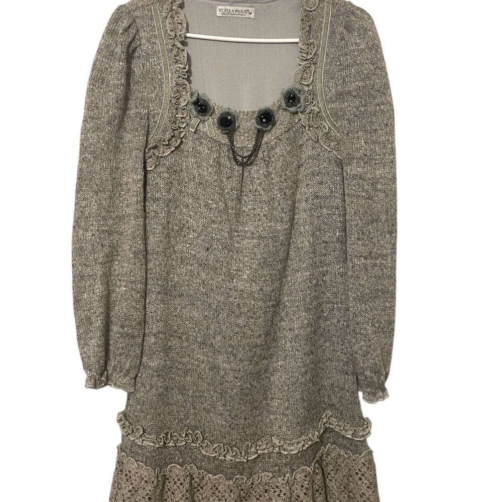 Forla grey long-sleeved Women's mini dress with a square neckline & ruffled trim - Picture 4 of 12